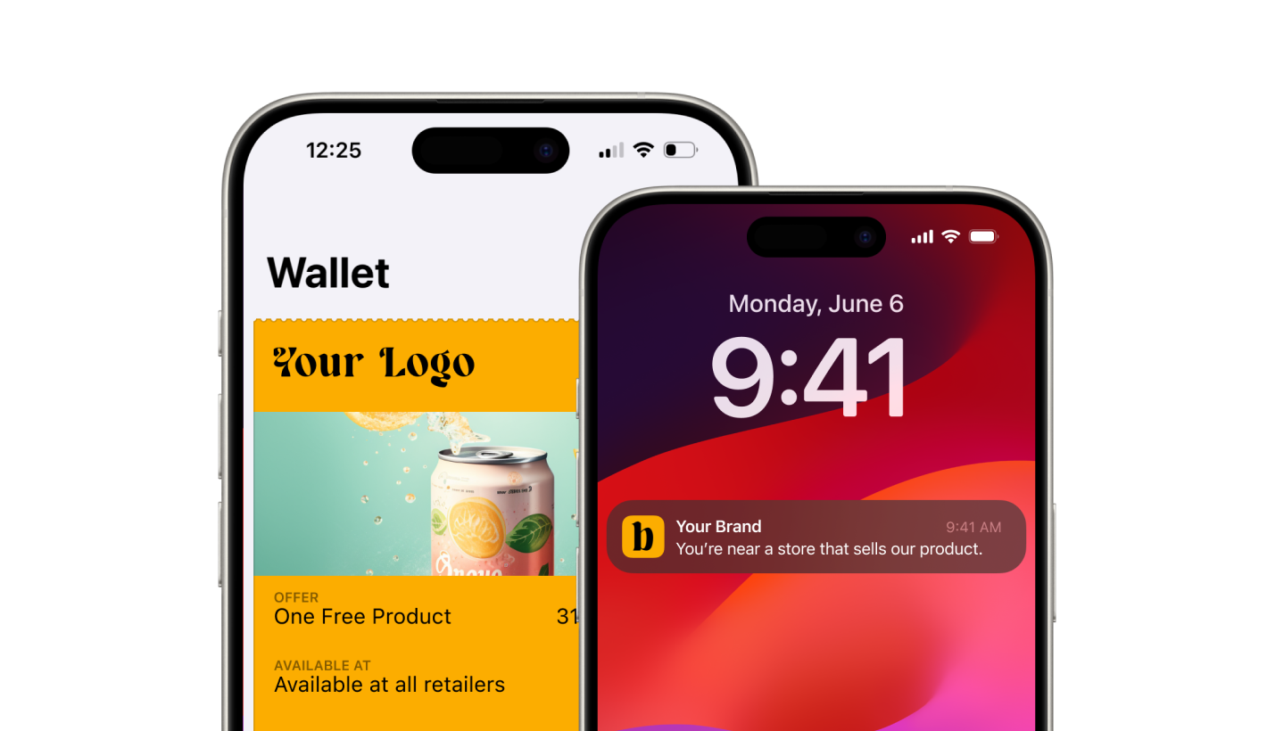 Apple Wallet pass for one free product, and a phone alert that you are near a store that sells it