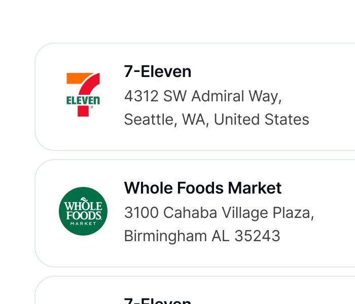 Example store results for a 7-Eleven, Whole Foods Market, and Trader Joe's