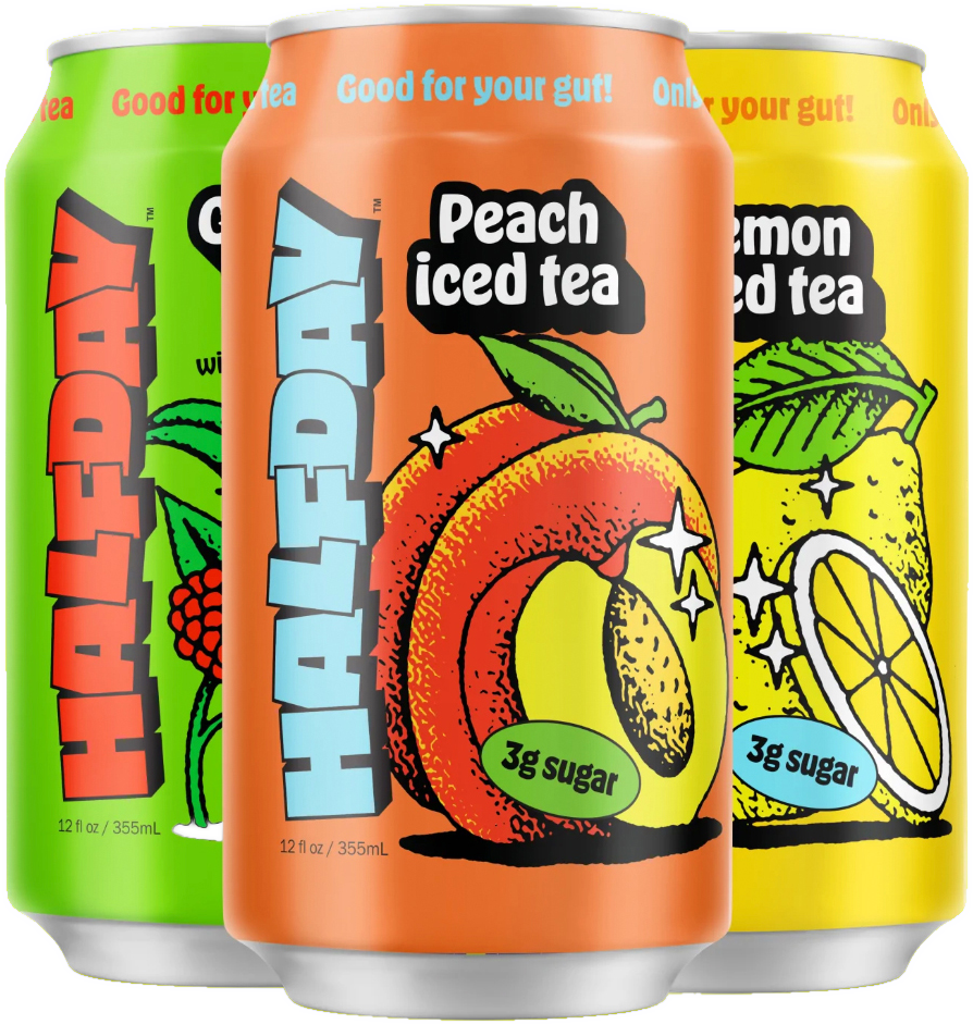 Halfday iced tea cans in berry, peach, and lemon